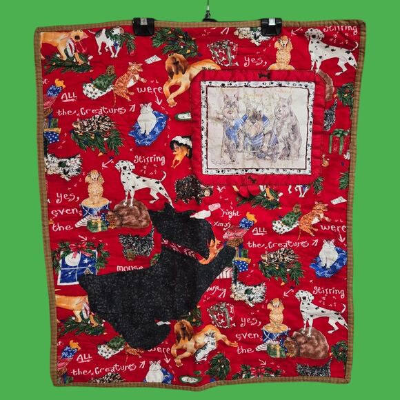 Handmade 1988 Artist Signed Mischievous Dogs Cats Christmas Quilted Wall Hanging - Picture 7 of 14